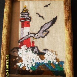 FRAMED CROSS STITCHED PICTURE  LIGHTHOUSE  BIRDS